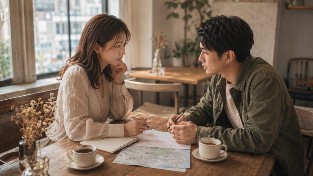 自衛隊彼氏との結婚や転勤後の生活について、カフェでノートとカレンダーを見ながら話し合うカップルのイラスト