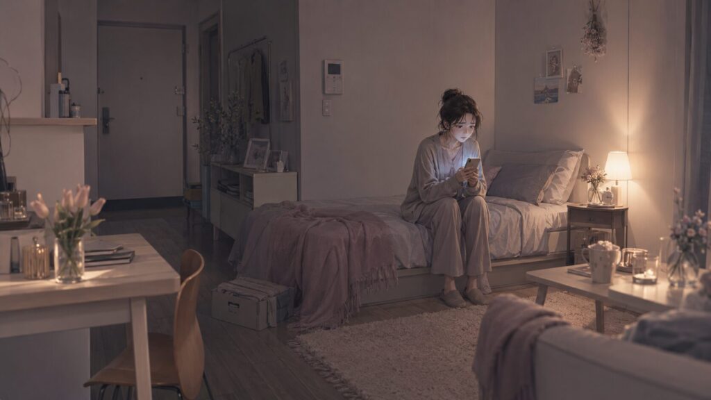 公務員彼氏からの連絡を待ちながら、夜の部屋で不安そうにスマホを見る女性