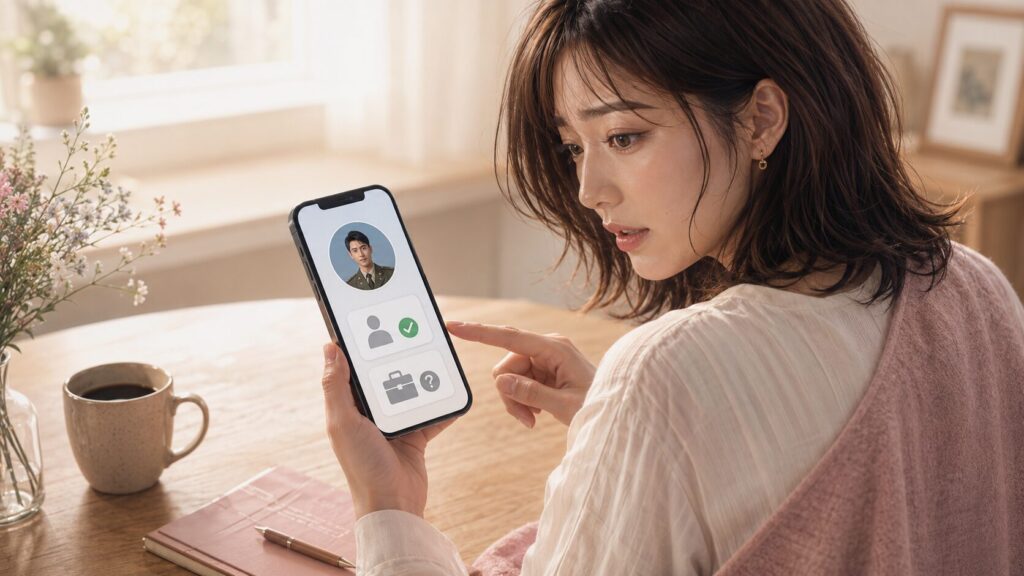ペアーズの本人確認と自衛官という職業の確認が別物だとスマホ画面で理解する女性