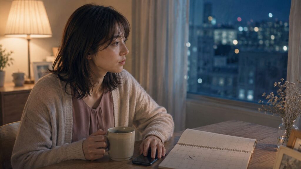自衛隊の彼氏から次の連絡がいつ来るかわからず、夜の部屋でスマホとカレンダーを見る女性