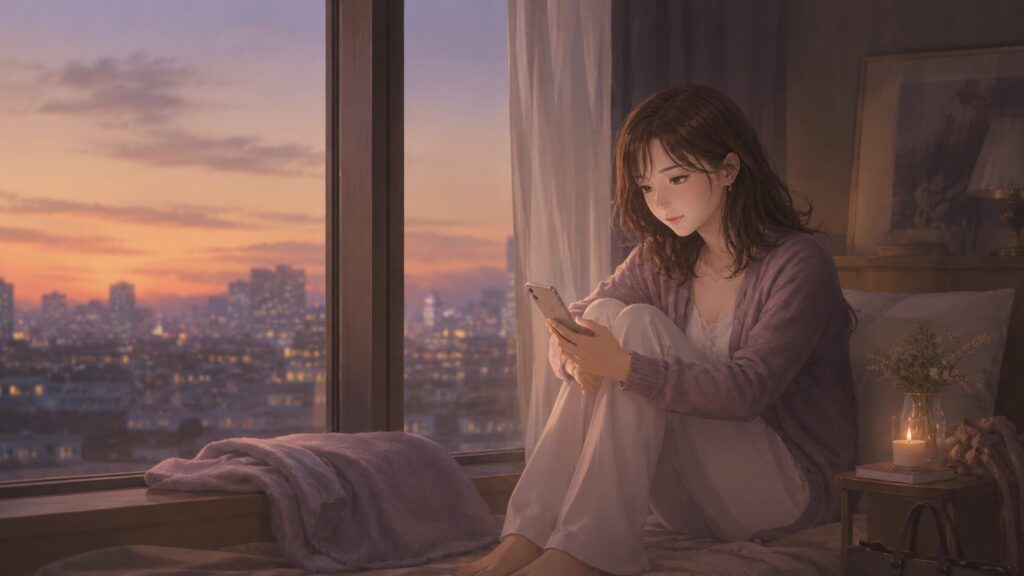 自衛官彼氏と会えない時期の現実を受け止めながら、窓辺でスマホを見る女性
