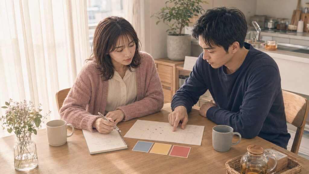 自衛隊の彼氏と女性が、忙しい時期の合図や連絡方法をカレンダーを見ながら話し合う様子