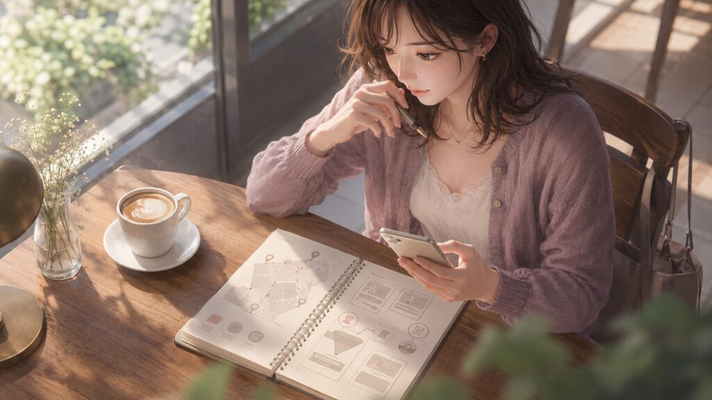 自衛官との自然な出会いが少ない現実を、スマホとノートで整理する女性
