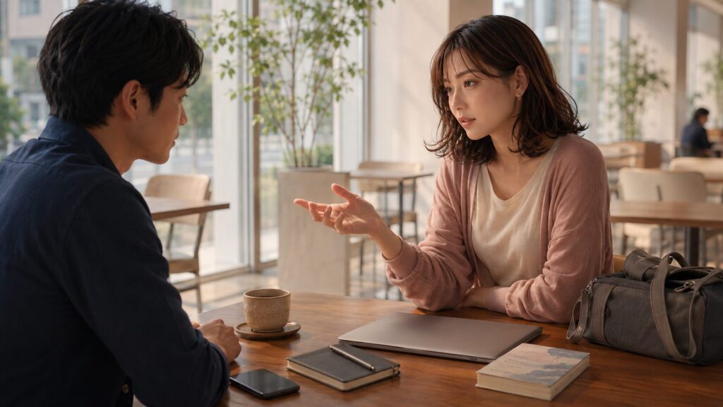仕事や趣味を大切にしながら、自分の希望と境界線を男性へ落ち着いて伝える女性