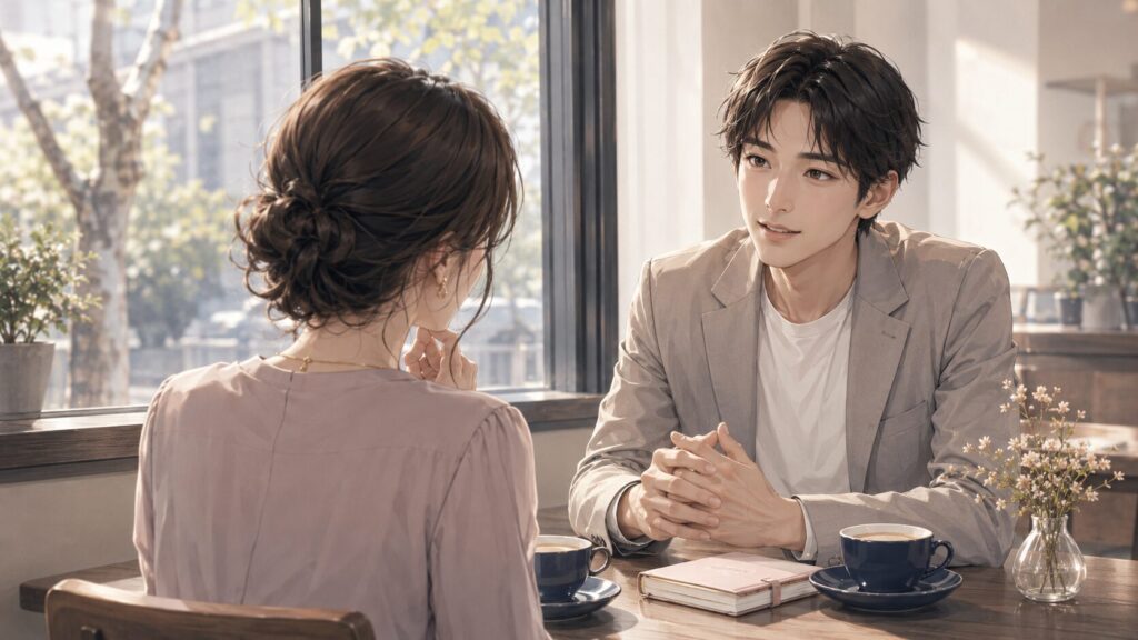 付き合う前に勤務リズムや連絡頻度などを落ち着いて話し合う男女