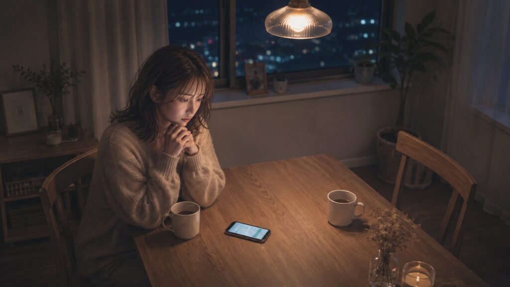 遠距離の自衛隊彼氏と向き合えず、空席のあるテーブルでスマホを見つめる女性のイラスト