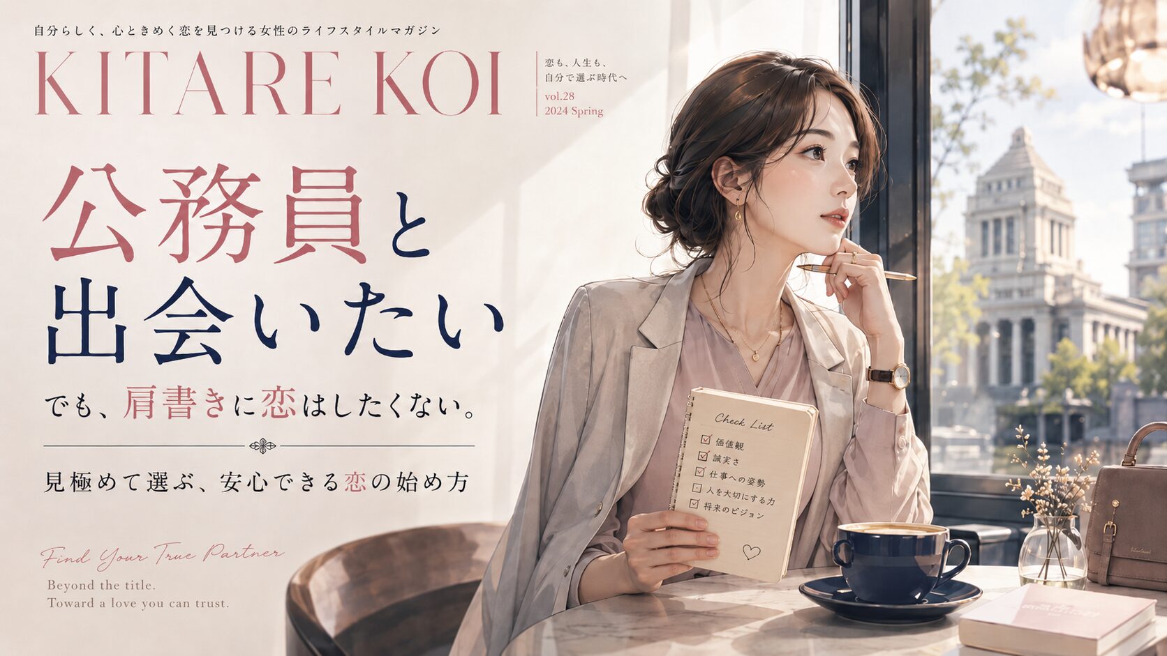 公務員との出会いを探しながら、カフェでノートを見つめる女性
