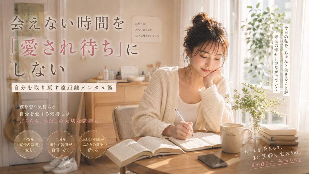 自衛隊彼氏を待つ時間から離れ、朝の部屋で読書や勉強をして自分を取り戻す女性のイラスト
