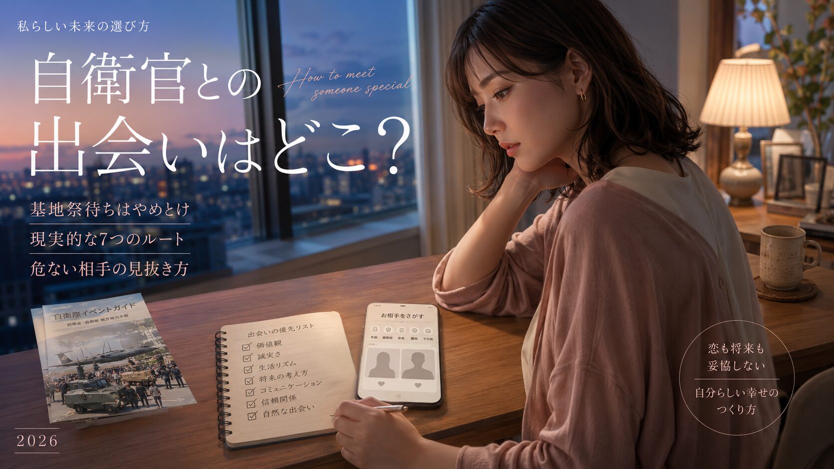 自衛隊イベントのパンフレットとマッチングサービスの検索画面を前に、自衛官との現実的な出会い方を考える女性