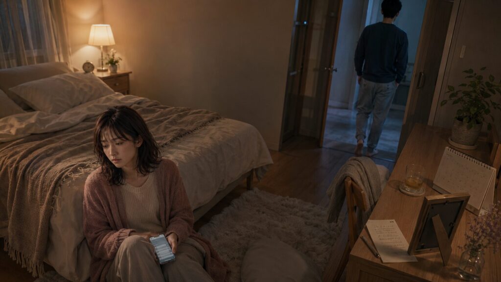 追いLINEや我慢を重ねた後、部屋でスマホを握る女性と距離を置く彼氏