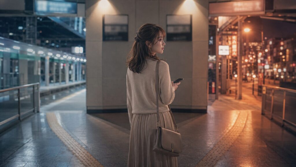 自衛隊の彼氏を待つか別れるか迷い、夜の駅で分かれ道に立つ女性のイラスト