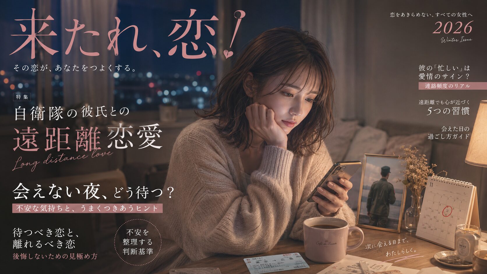 自衛隊の彼氏からの連絡を待ちながら、夜の部屋でスマホを握る女性のイラスト