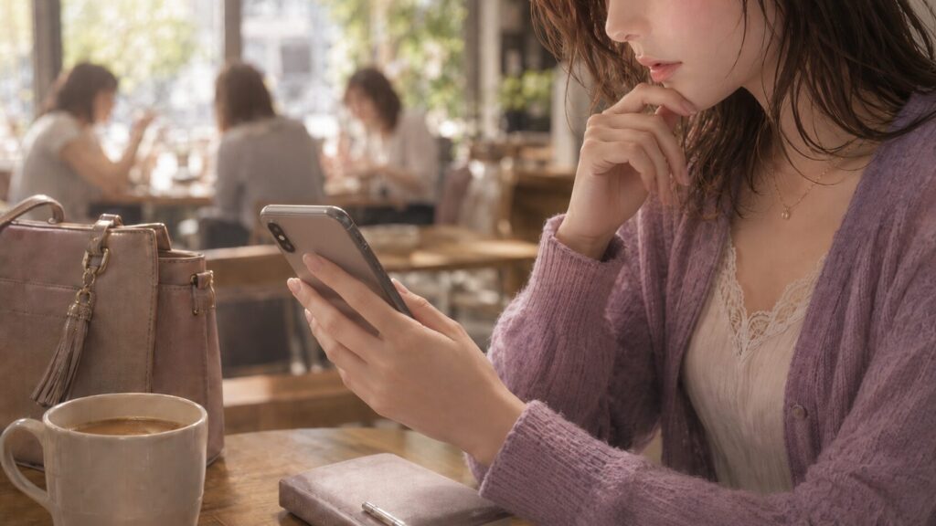 自衛官風の怪しい男性プロフィールに違和感を覚え、スマホで確認する女性