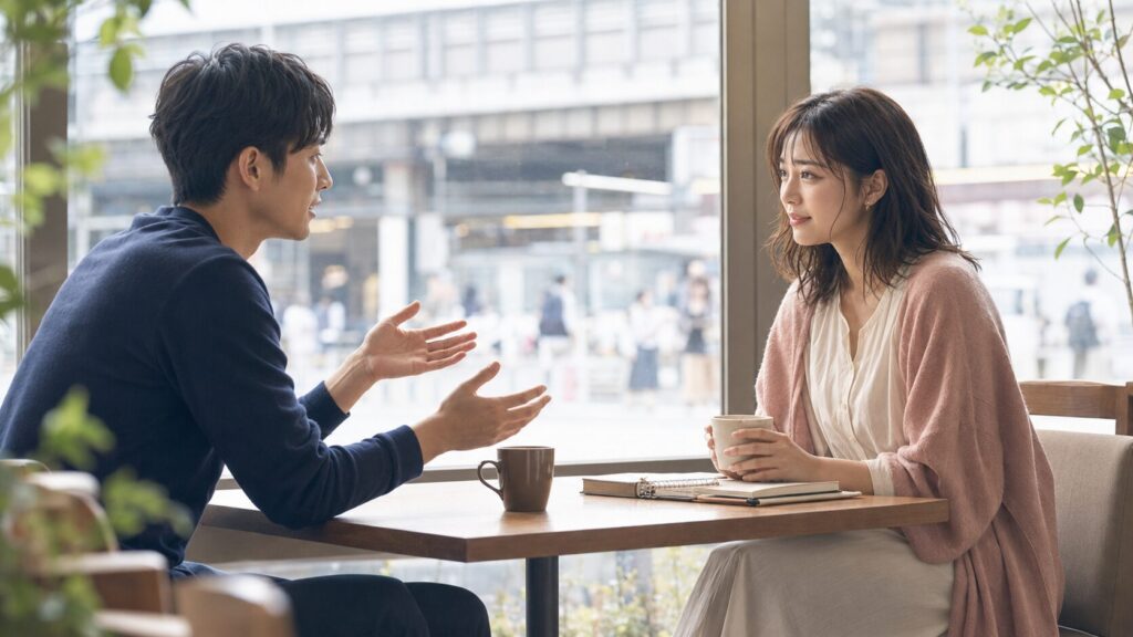 カフェで相手の生活や価値観を自然に質問し、言動の一貫性を見る女性