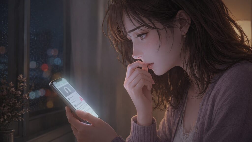 自衛官という肩書きだけで相手を信用してよいのか、不安を感じながらスマホを見る女性