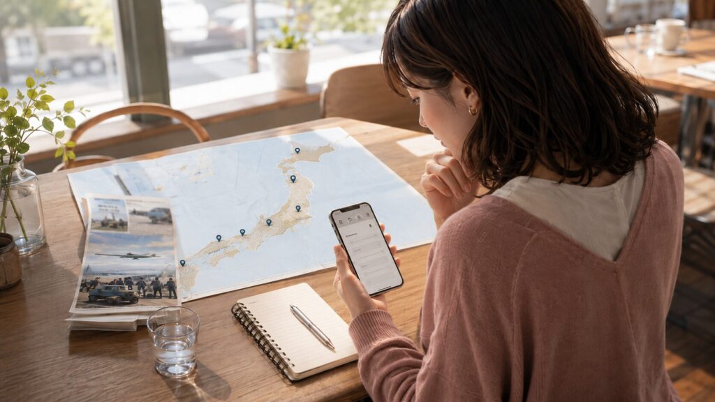 自衛隊施設が分散する地図と検索画面を見比べ、自衛官と出会える場所を調べる女性