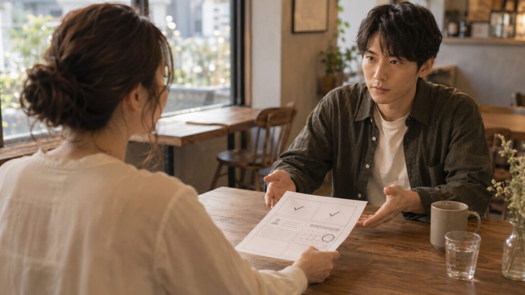 事実・影響・要望・期限を整理したメモを使い、自衛隊彼氏と最後の話し合いをする女性