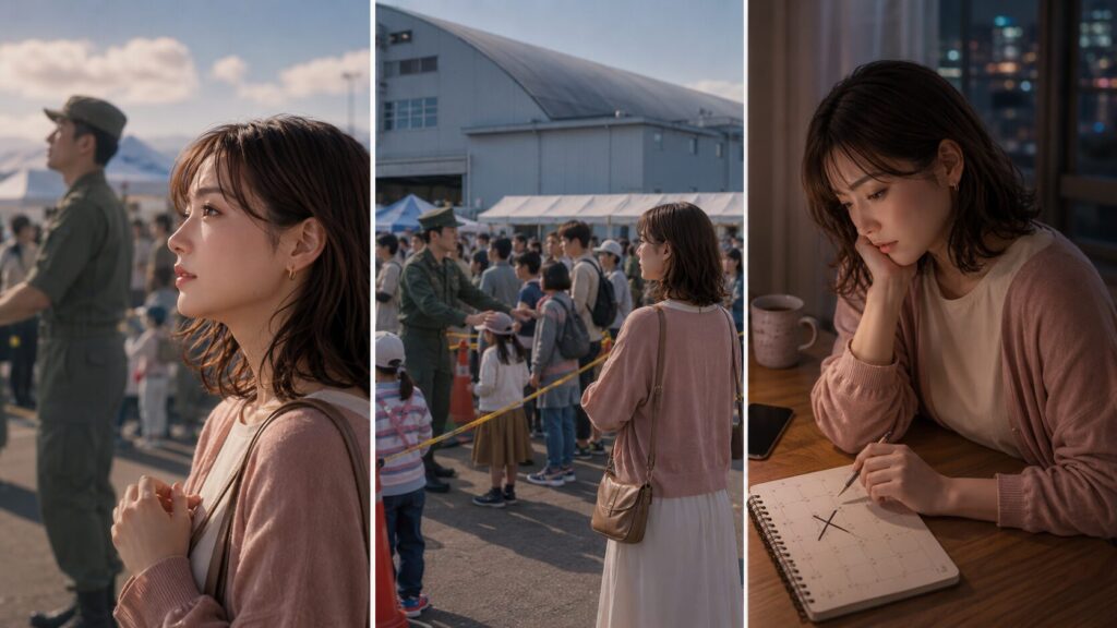 制服への憧れ、基地祭での出会いへの期待、忙しさを理由に連絡を待つ女性を描いた3コマイラスト