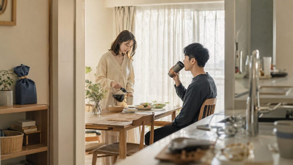 女性が選んだ実用的なタンブラーを日常的に使いながら、休日の朝食を穏やかに過ごす自衛官の彼氏と女性