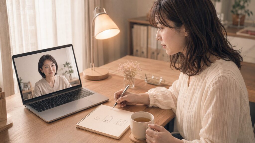 自衛隊の彼氏との関係について、オンライン恋愛相談で気持ちを整理する女性