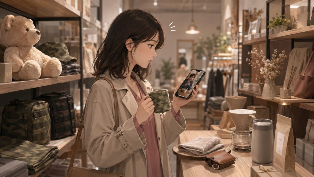 迷彩柄のプレゼントを手に取りながら、彼氏の普段の好みを思い出して実用的な贈り物へ選び直す女性