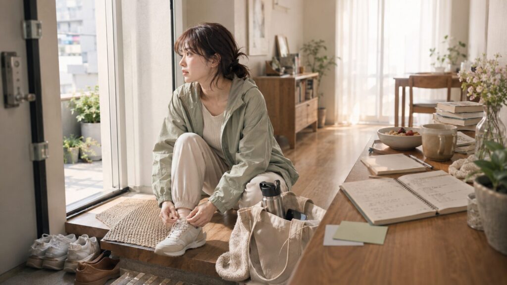 自衛隊の彼氏と会えない休日に、勉強道具やバッグを準備して外出する女性