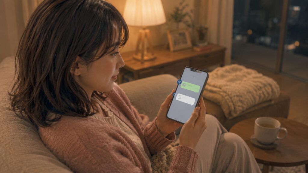 自衛隊の彼氏に責めないLINEを送り、短い返信を見て安心する女性