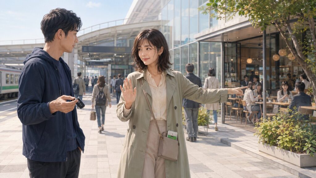 昼の駅前カフェで車の誘いを断り、安全な初デートを選ぶ女性