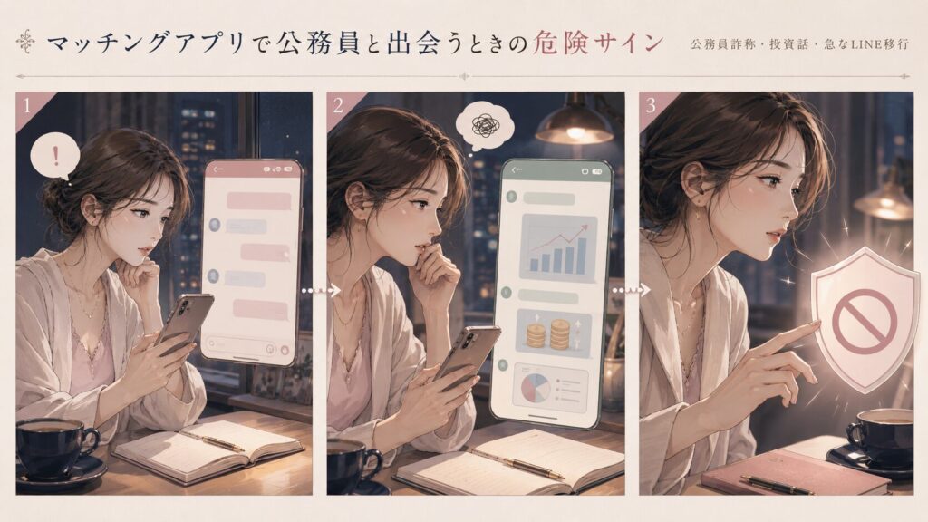 マッチングアプリで公務員を名乗る相手から投資話や外部連絡先への誘導を受け警戒する女性