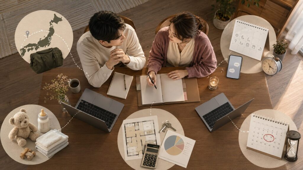 転勤、仕事、家事育児、住まい、お金、結婚時期について具体的に確認するカップル