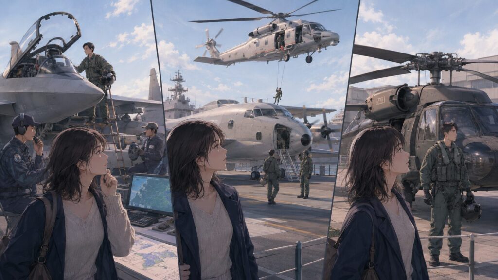 空自・海自・陸自の航空機と、操縦以外の航空自衛隊職種を見学する女性