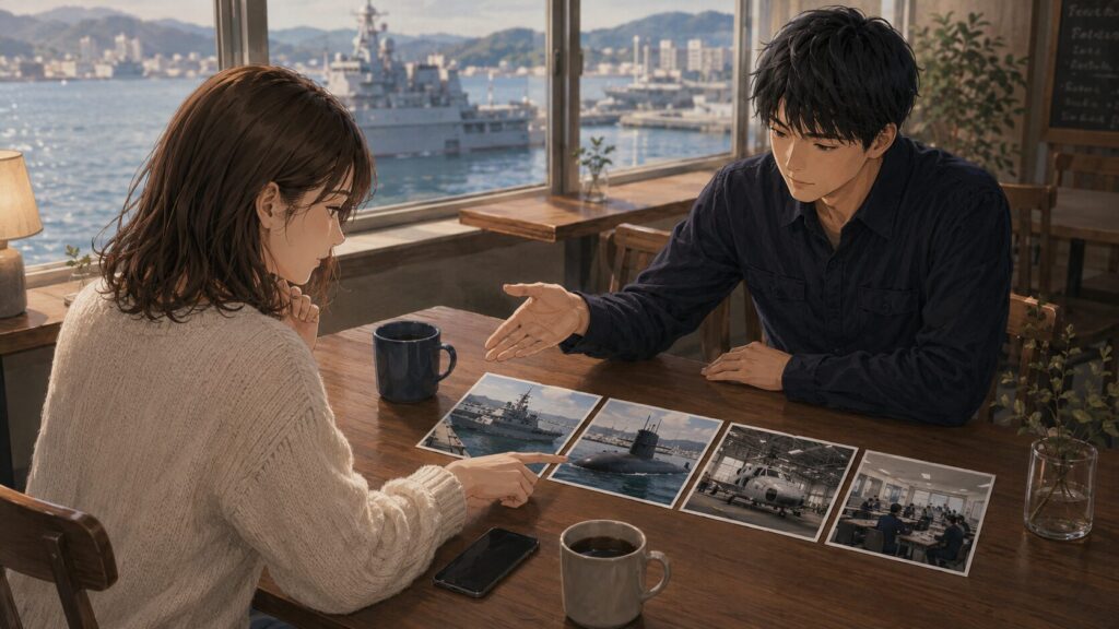 水上艦艇・潜水艦・航空部隊・陸上勤務の写真を見ながら海上自衛官の彼氏から勤務タイプの違いを聞く女性