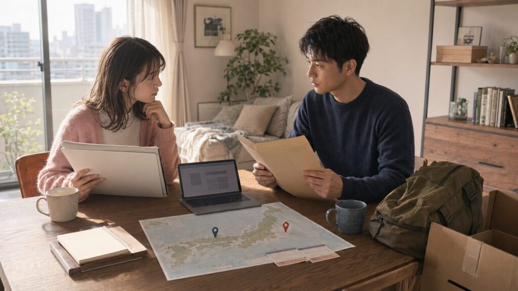 自衛官彼氏の転勤と結婚後の仕事について、地図を見ながら話し合うカップル