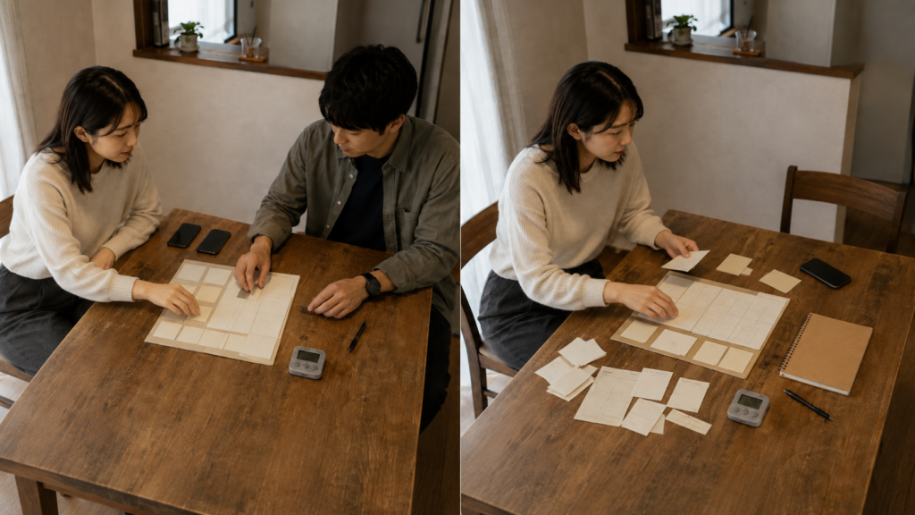 二人で予定を調整する場面と、女性一人だけが複数の予定変更を引き受ける場面を左右で比較した図。