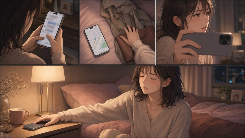 彼氏へ連続連絡を送る前にスマホを置き、気持ちを落ち着かせる女性