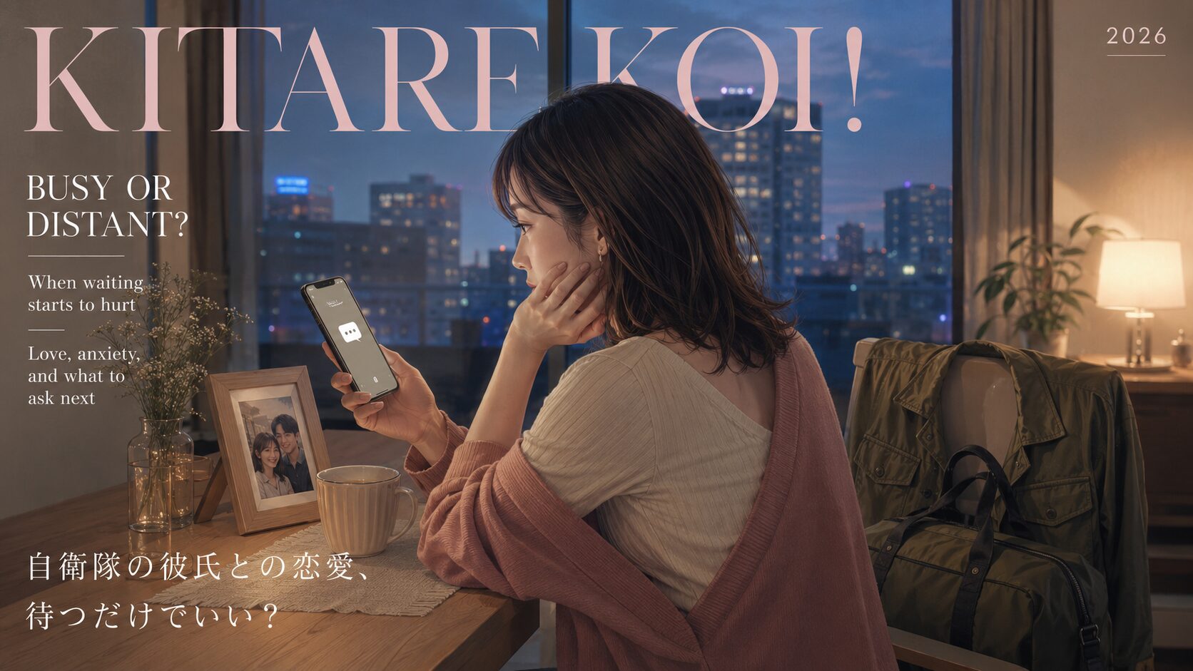 自衛隊の彼氏から連絡がなく、夜の部屋でスマホを見つめながら待つ女性