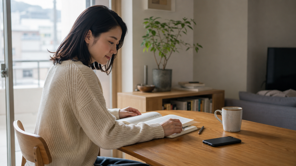スマートフォンを伏せてテーブルに置き、本へ視線を戻している女性