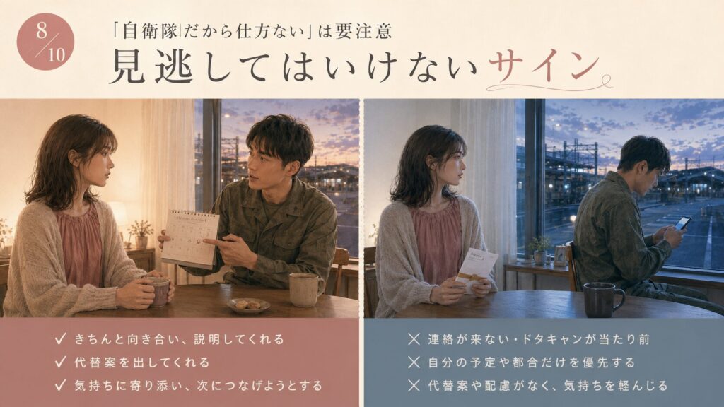 自衛隊彼氏の仕事によるドタキャン後、誠実に説明する場合と無視する場合を比較したイラスト