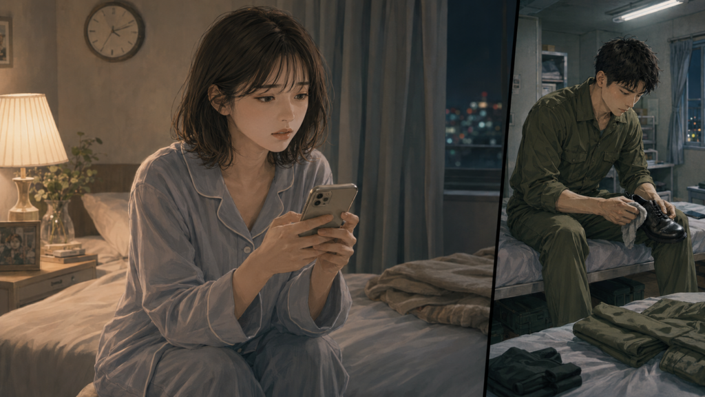 自衛隊の教育期間中、夜の部屋で返信を待つ女性と、隊舎で点呼前の準備をする彼氏