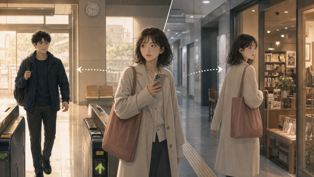 自衛隊の彼氏との外出予定を駅で確認し、会えない場合の過ごし方も考える女性