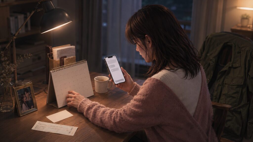 自衛隊の彼氏の説明や予定に矛盾がないか、落ち着いて確認する女性