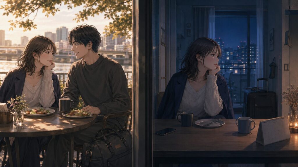 自衛隊パイロットの彼氏との楽しいデートと会えない夜を対比した女性
