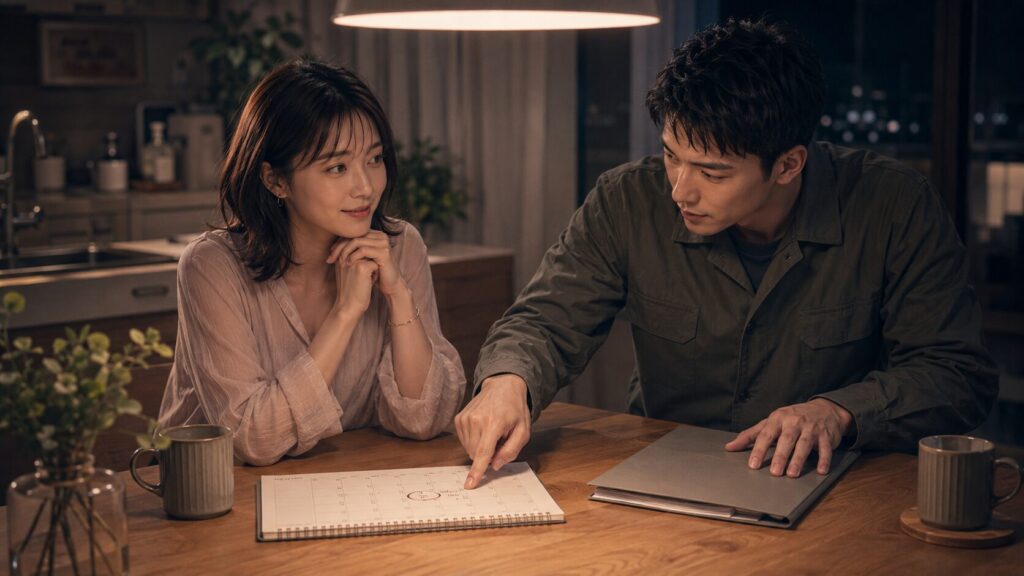 守秘義務のある仕事の内容は伏せながら、次に連絡できる日を女性へ伝える自衛官の彼氏