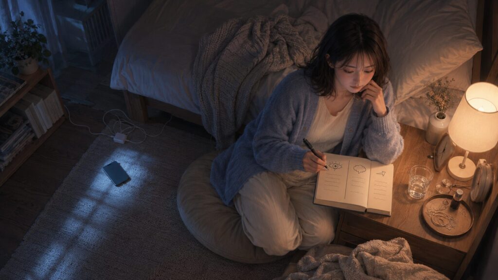 返事のない夜にスマホを伏せ、事実と想像と次の行動をノートに分ける女性