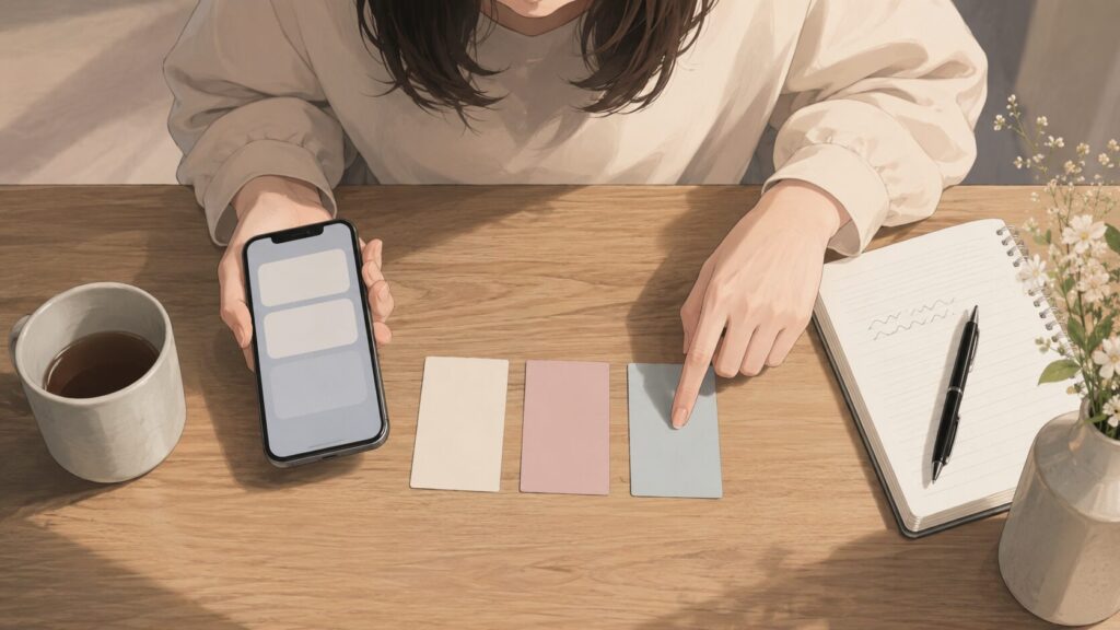彼氏に送る飲み会のLINEを、メモを見ながら落ち着いて作成する女性