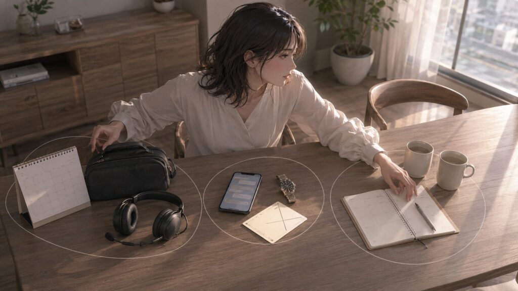 仕事の制約、本人の行動、二人の関係を3つに分けて整理する女性