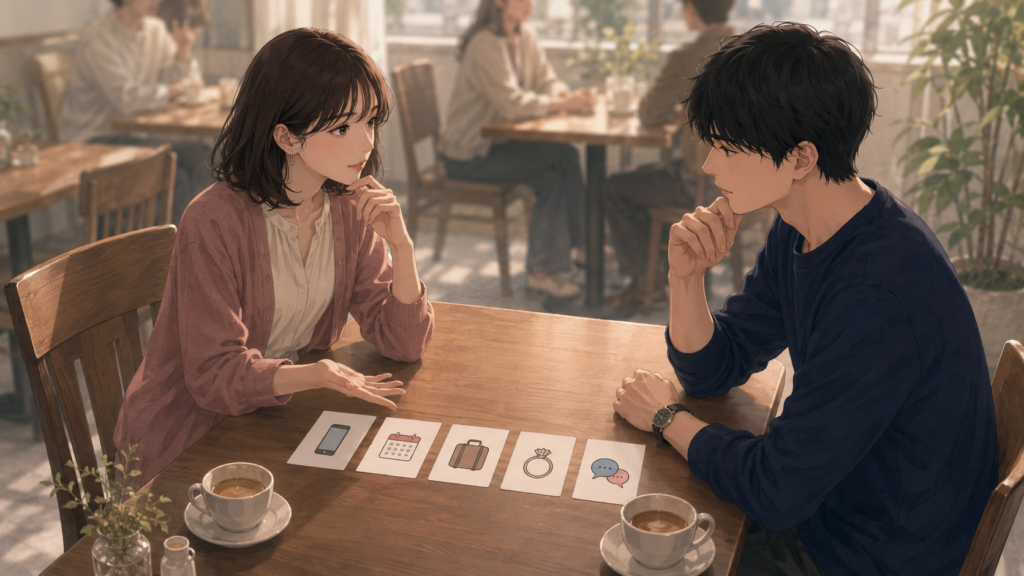 連絡頻度、予定変更、転勤、結婚、仲直りについて交際前に話し合う女性と幹部自衛官の男性