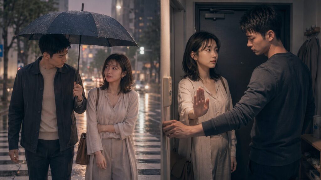 女性の拒否を尊重する頼もしさと、出口をふさぐ支配的な態度の対比