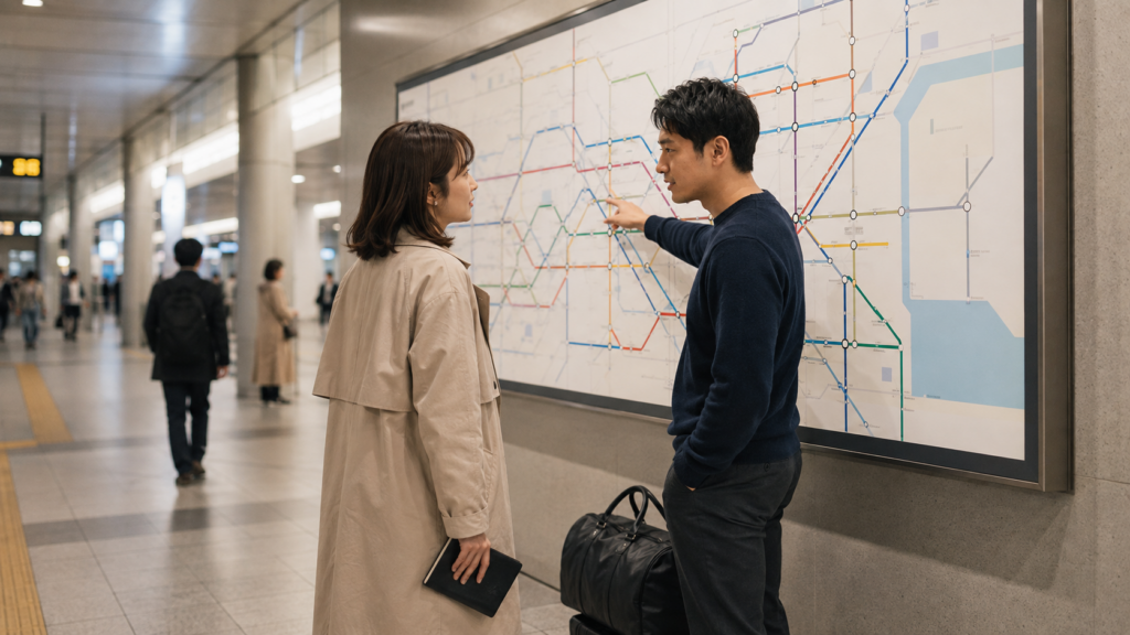 駅の路線図を見ながら、予定表と荷物を手に今後の移動について話す男女
