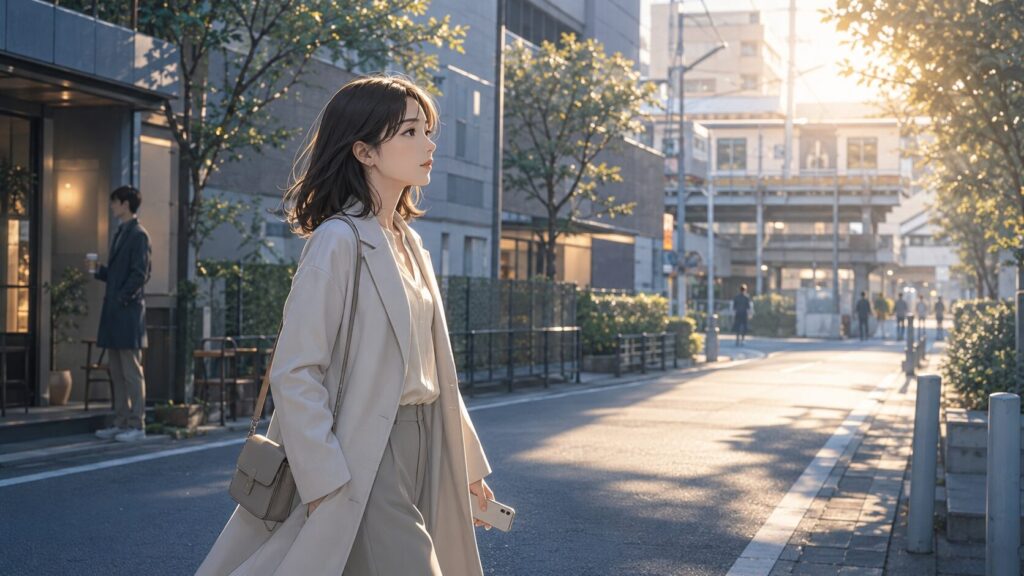 自衛官の彼氏との関係を考えながら、朝の街を一人で歩く女性